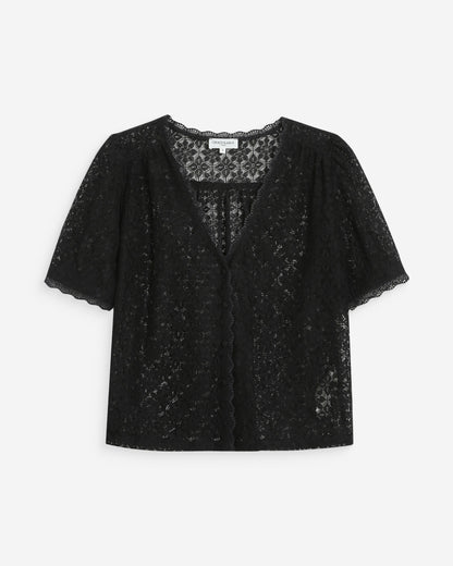 Blouse en dentelle col V manches courtes noir Vicky