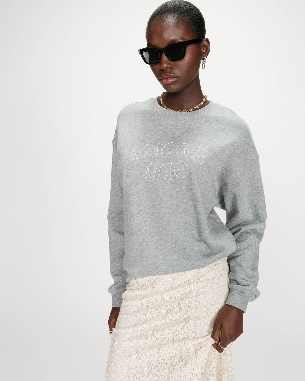 Pull oversize en coton à message brodé gris Valino