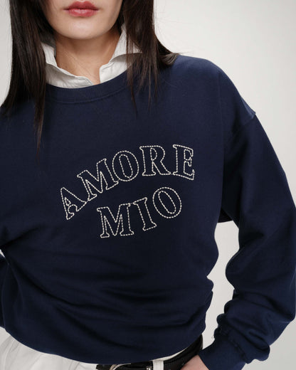 Pull oversize en coton à message brodé marine Valino