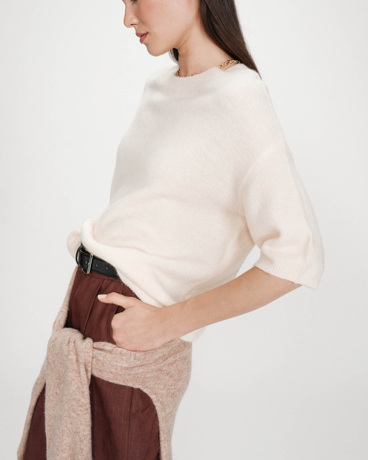 Pull oversize en laine col rond amande Vamos