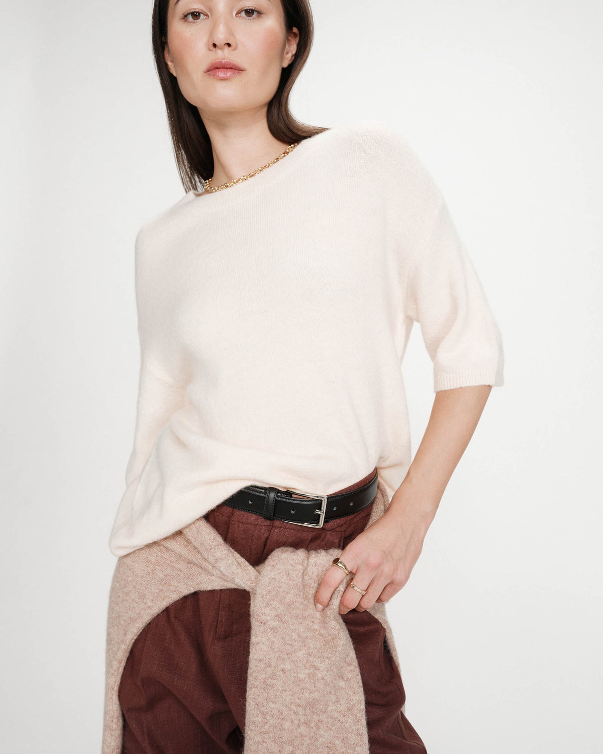 Pull oversize en laine col rond amande Vamos
