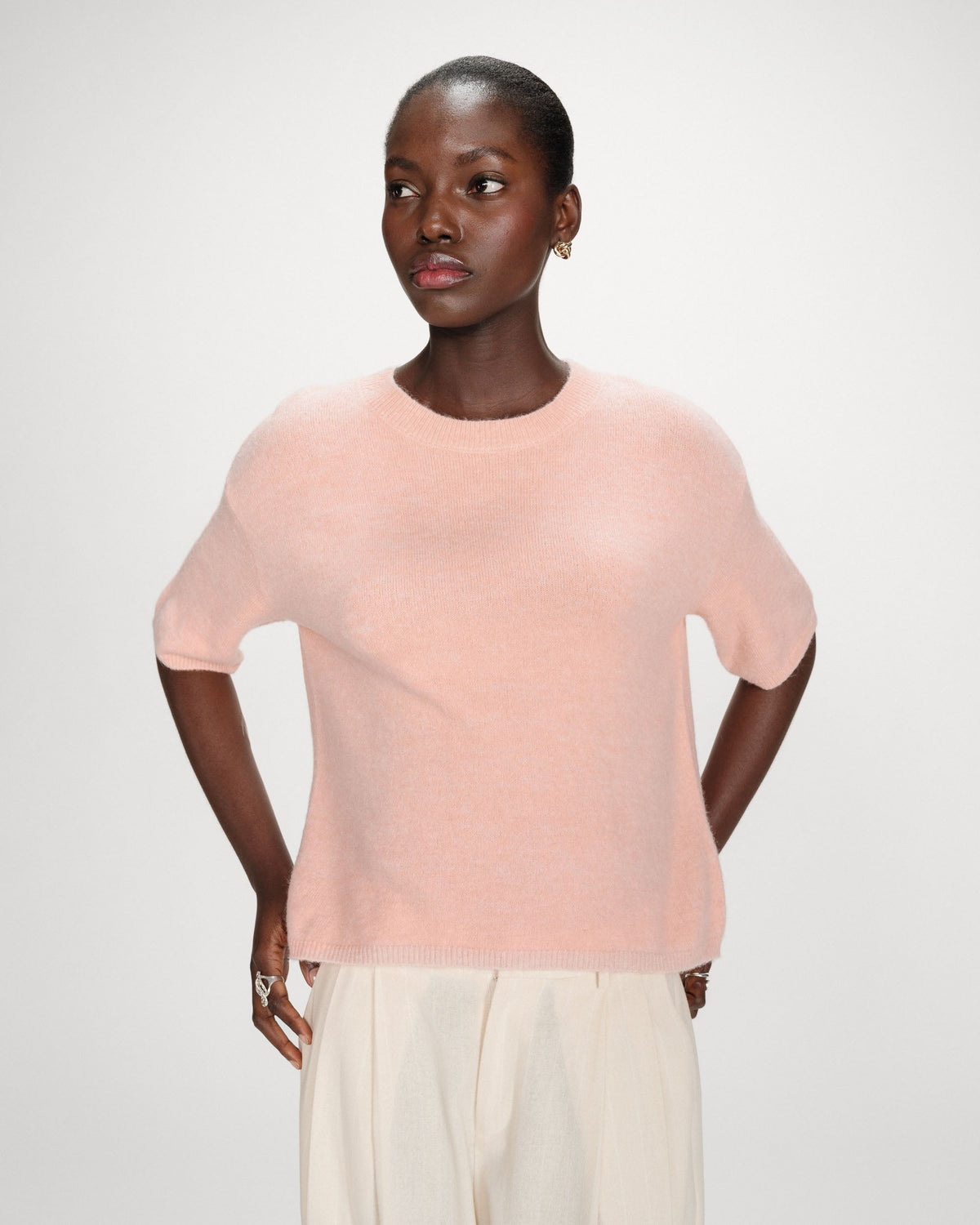 Pull oversize en laine col rond peche Vamos