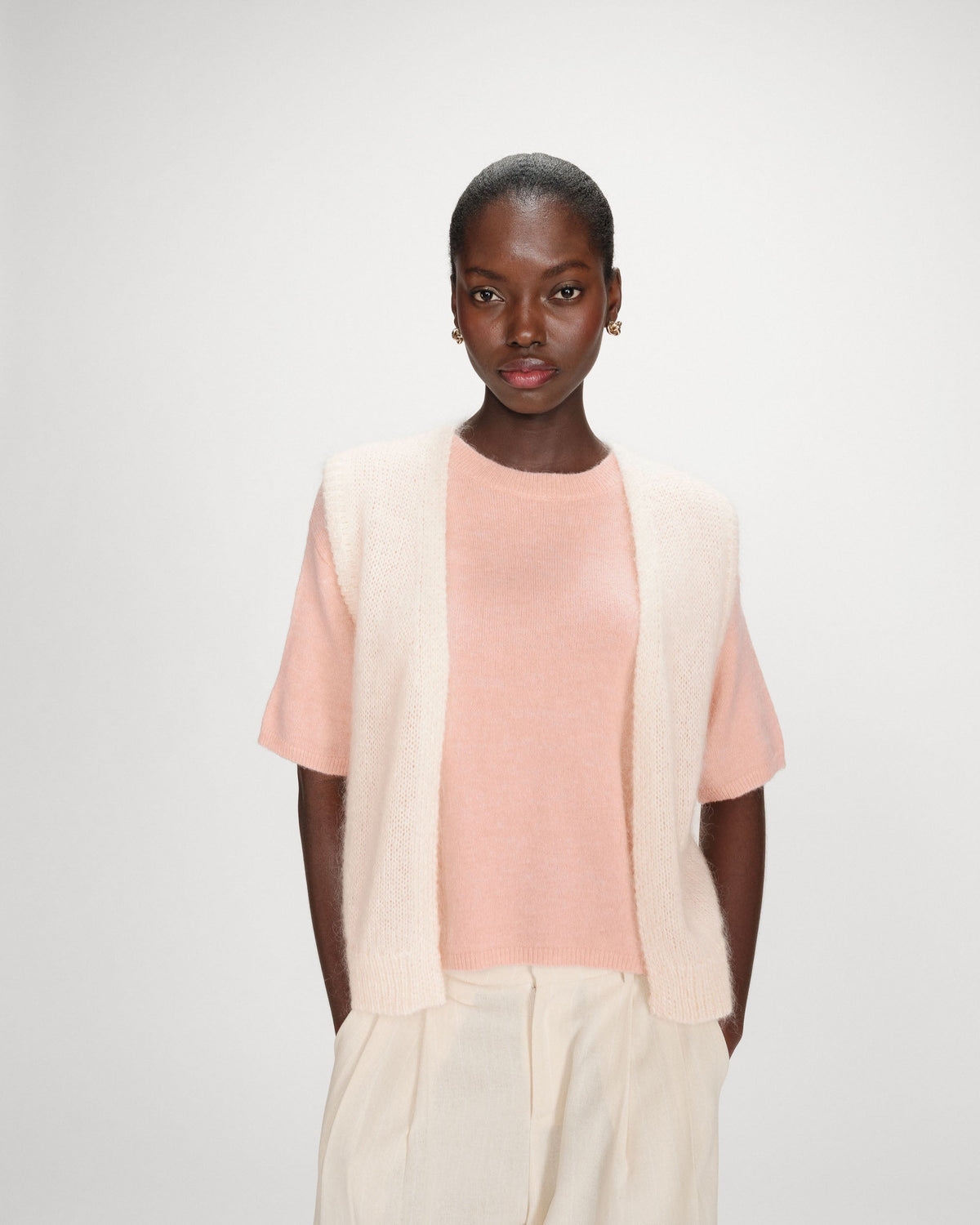 Pull oversize en laine col rond peche Vamos