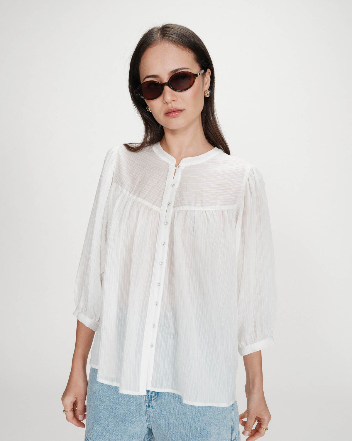 Blouse à manches ballons ample boutonnée ivoire Vanille
