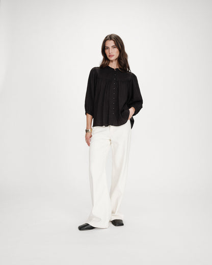 Blouse à manches ballons ample boutonnée noir Vanille