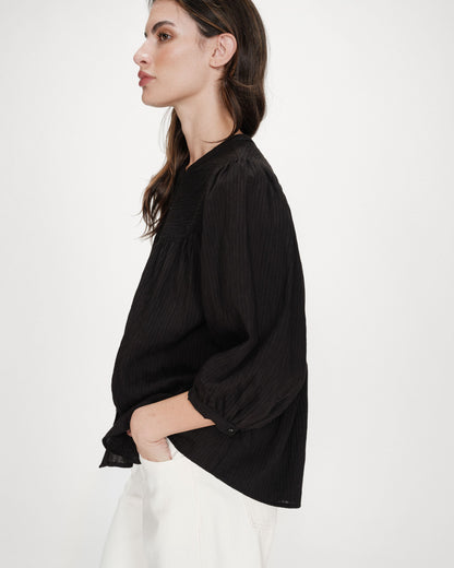 Blouse à manches ballons ample boutonnée noir Vanille