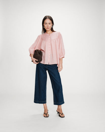 Blouse à manches ballons ample boutonnée rose Vanille