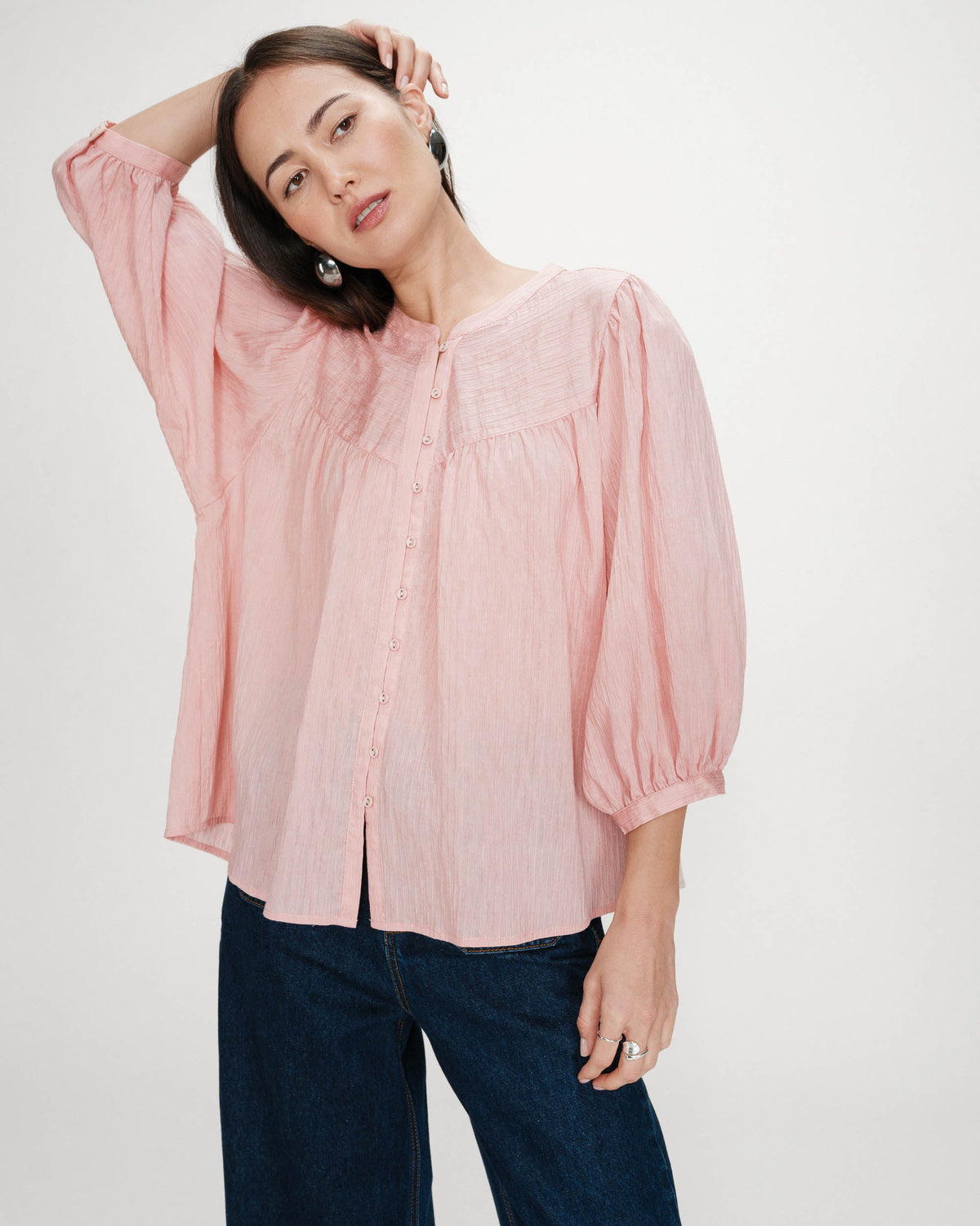 Blouse à manches ballons ample boutonnée rose Vanille