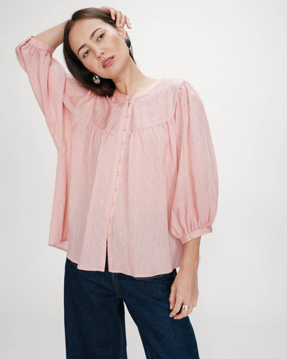 Blouse à manches ballons ample boutonnée rose Vanille