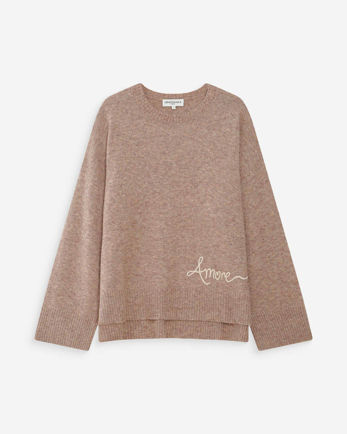 Pull oversize en maille à message brodé beige Viggo