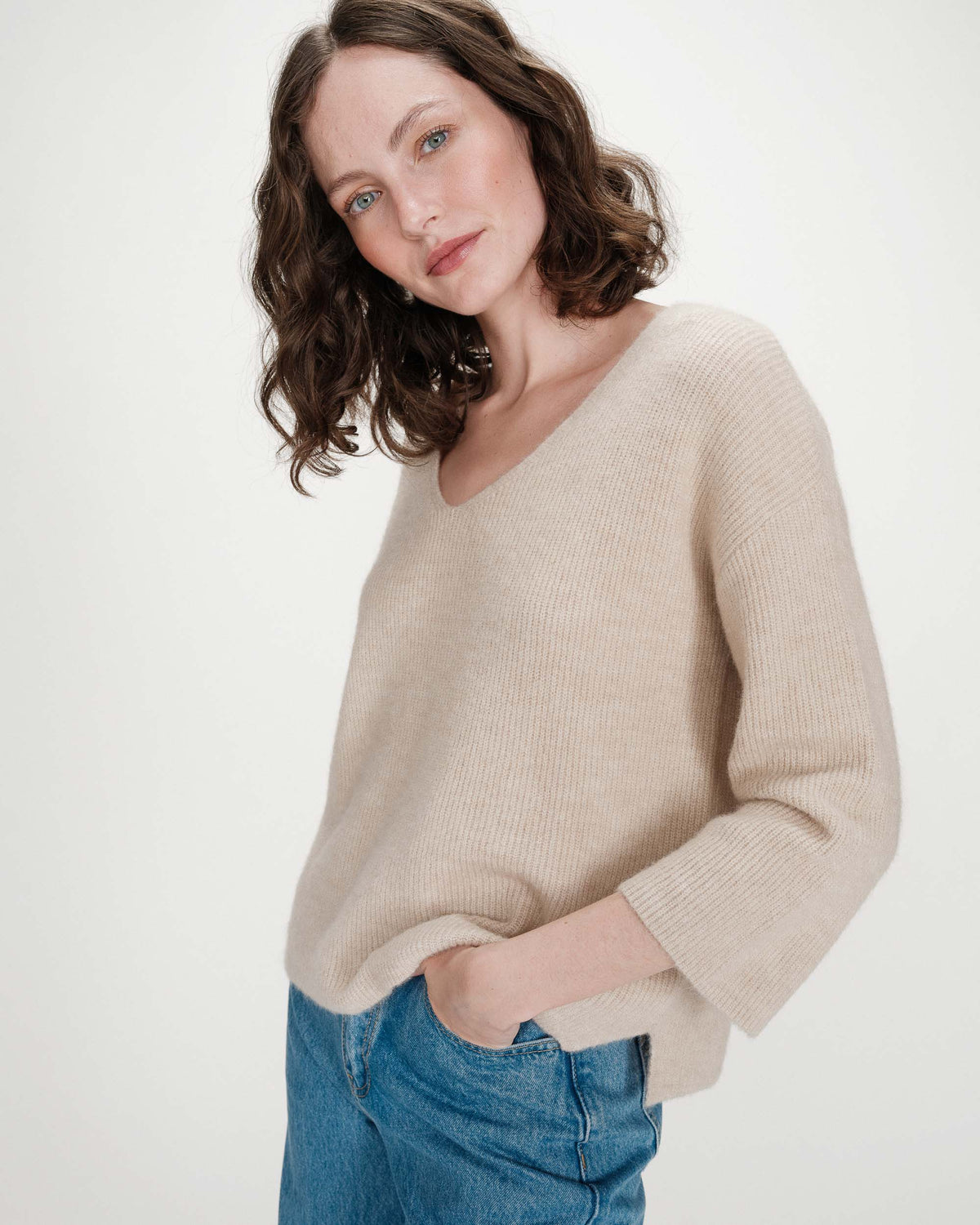Pull oversize manches 3/4 col V beige Vicenzo