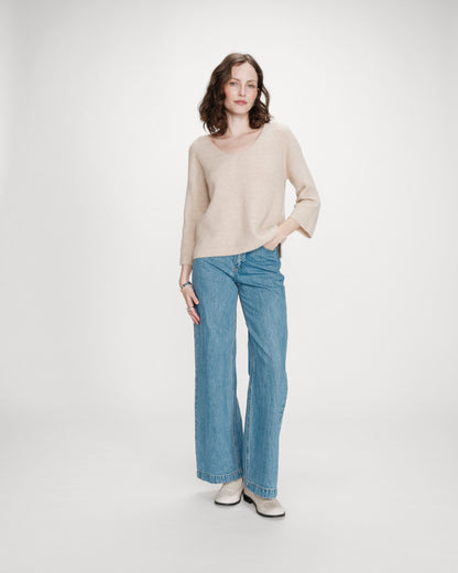 Pull oversize manches 3/4 col V beige Vicenzo