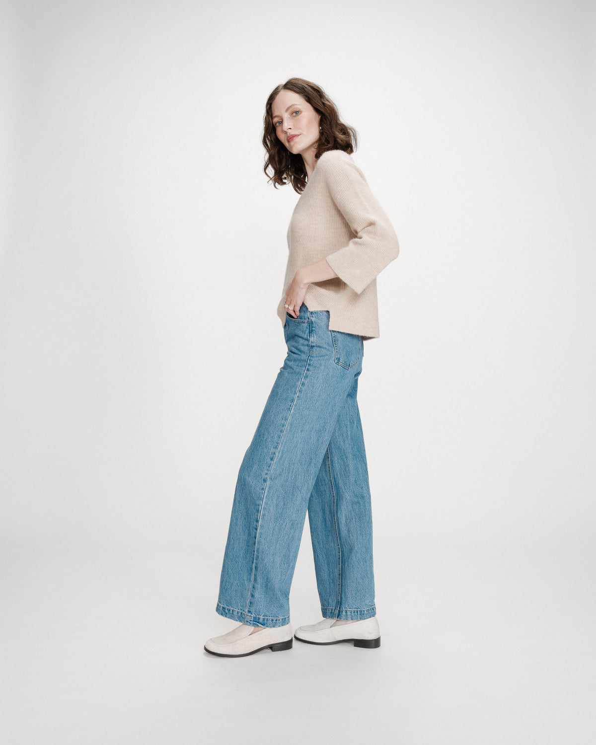 Pull oversize manches 3/4 col V beige Vicenzo