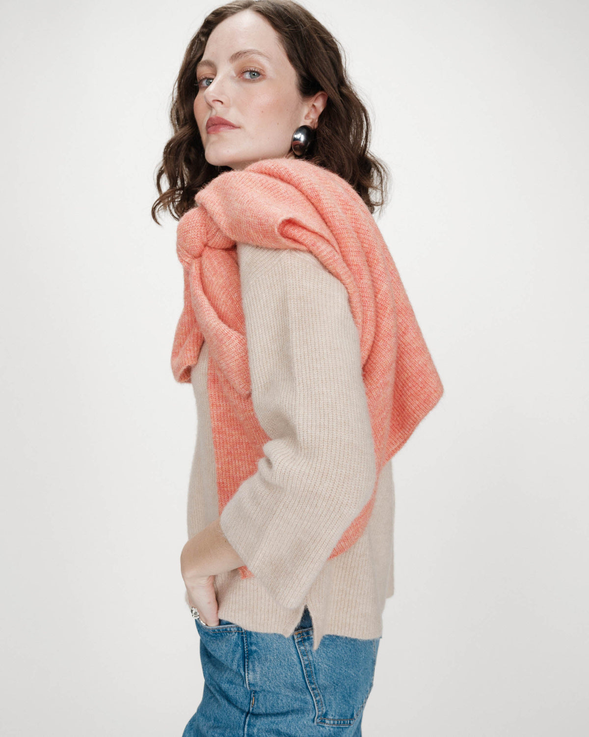 Pull oversize manches 3/4 col V beige Vicenzo