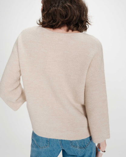 Pull oversize manches 3/4 col V beige Vicenzo