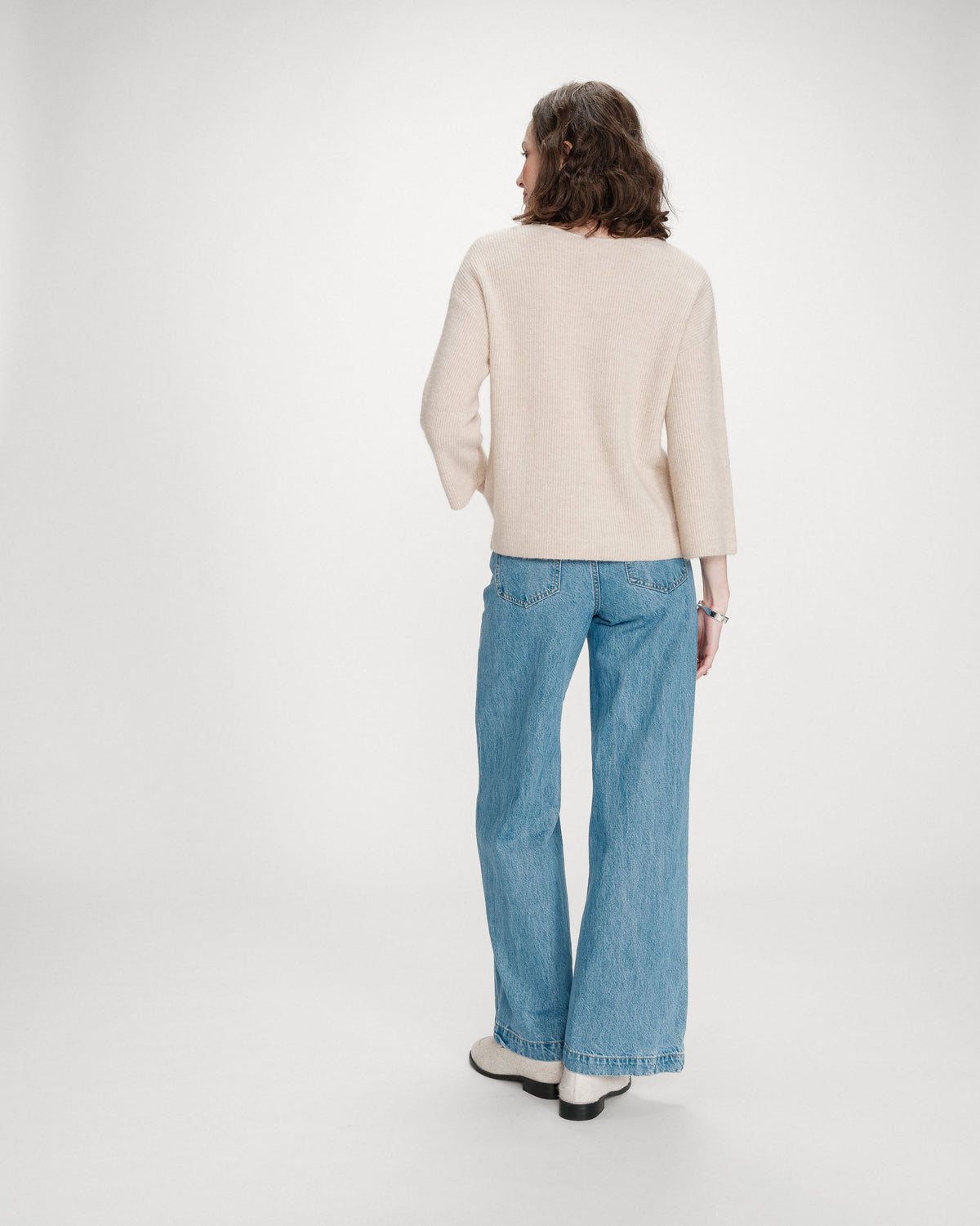 Pull oversize manches 3/4 col V beige Vicenzo