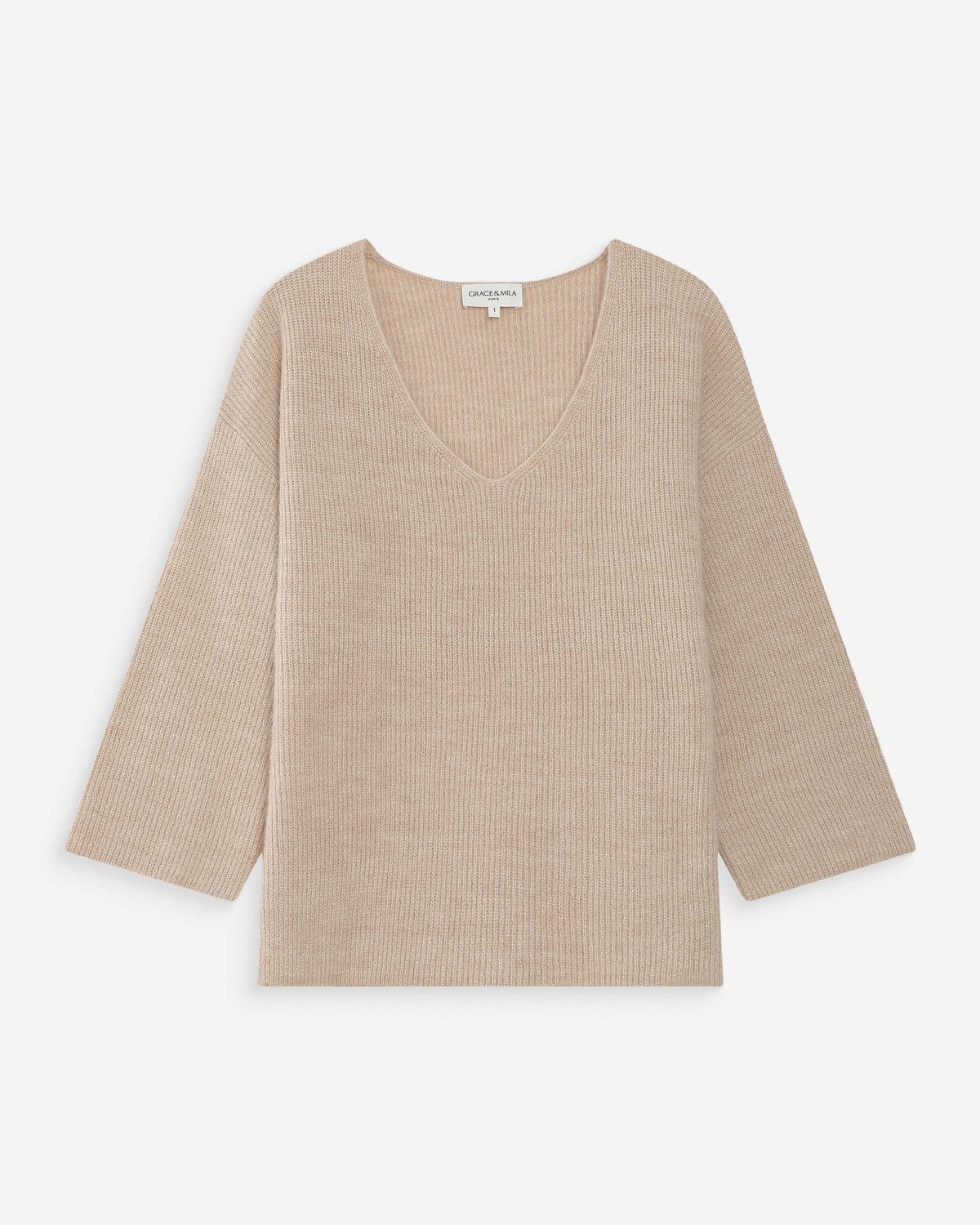 Pull oversize manches 3/4 col V beige Vicenzo