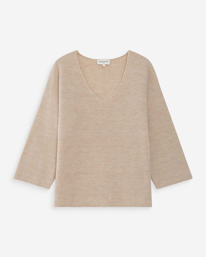 Pull oversize manches 3/4 col V beige Vicenzo