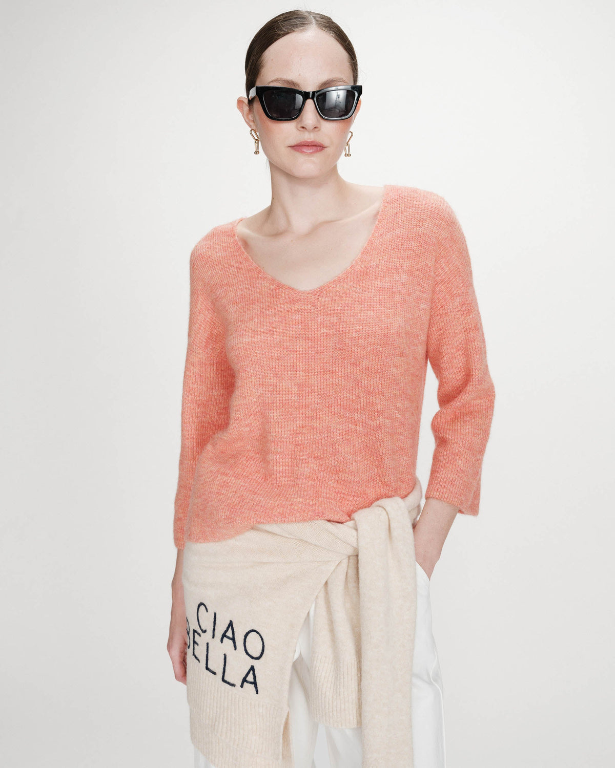 Pull oversize manches 3/4 col V corail Vicenzo