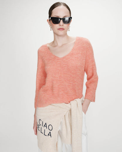 Pull oversize manches 3/4 col V corail Vicenzo