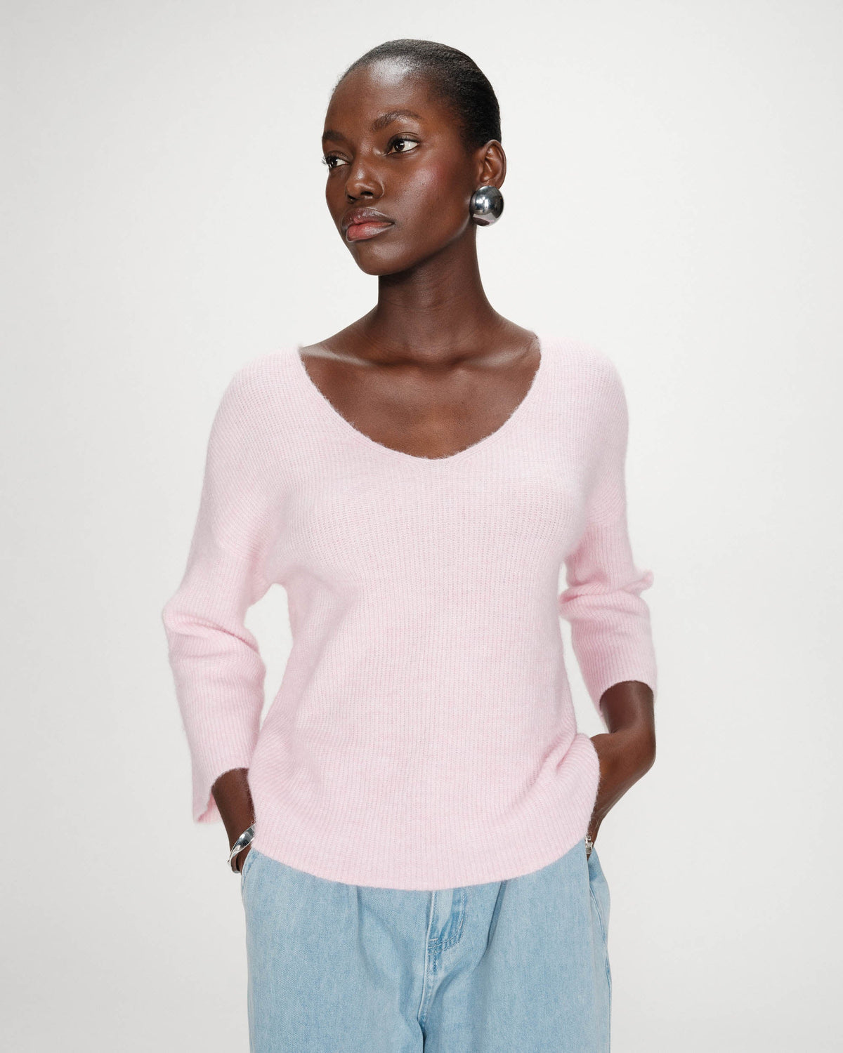 Pull oversize manches 3/4 col V rose Vicenzo