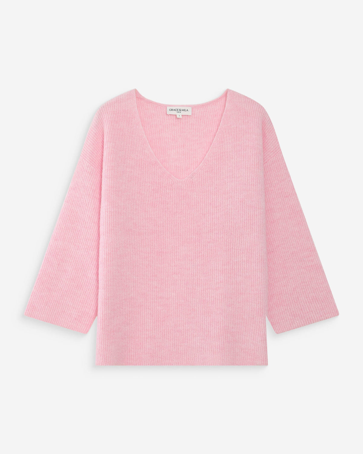 Pull oversize manches 3/4 col V rose Vicenzo