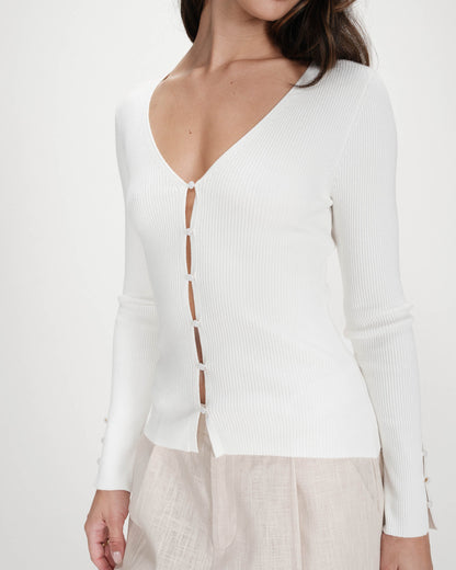Cardigan ajusté col V manches longues ivoire Volage
