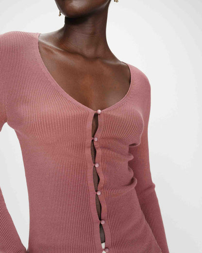 Cardigan ajusté col V manches longues terracotta Volage
