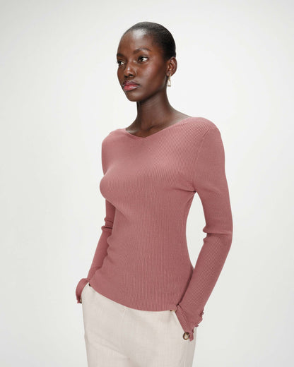 Cardigan ajusté col V manches longues terracotta Volage
