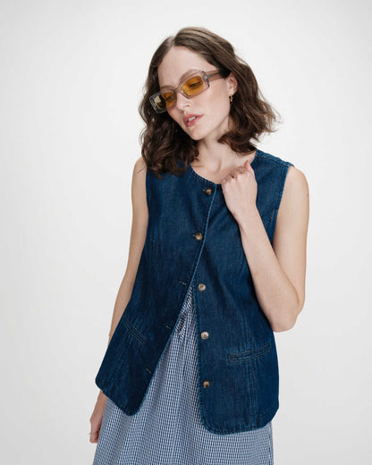 Veste cintrée en jean sans manches mediumblue Vallon