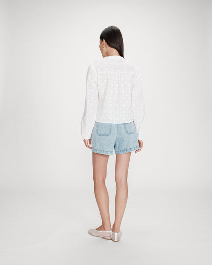 Blouse broderie anglaise col mao en coton ivoire Vandita