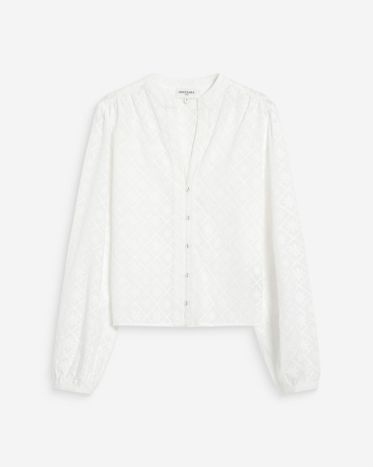 Blouse broderie anglaise col mao en coton ivoire Vandita