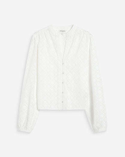 Blouse broderie anglaise col mao en coton ivoire Vandita