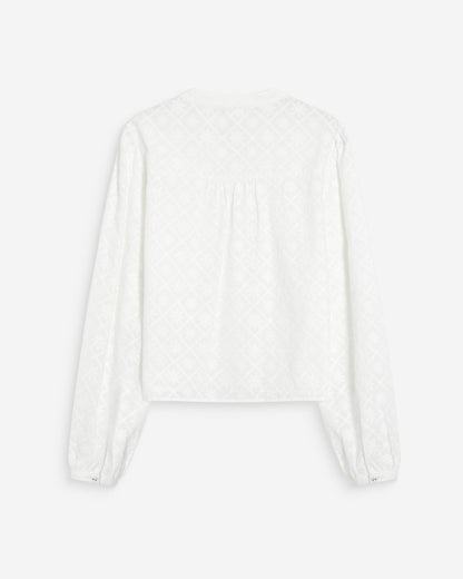 Blouse broderie anglaise col mao en coton ivoire Vandita