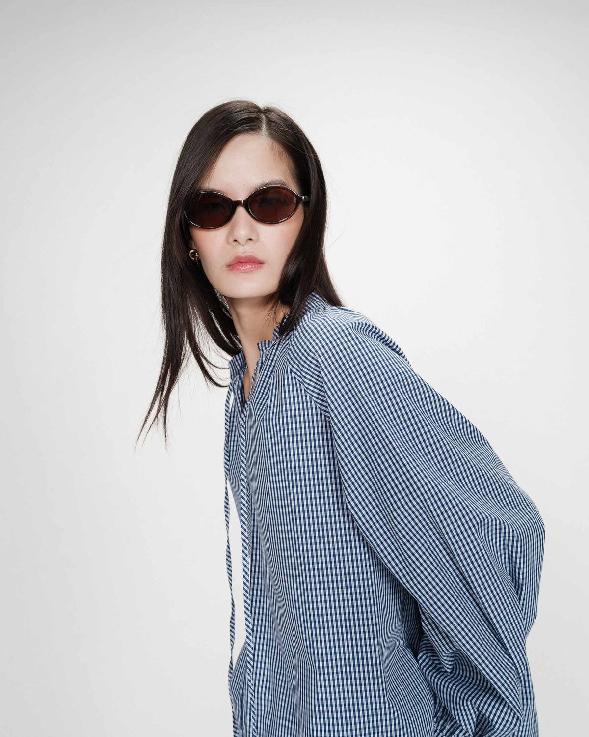 Blouse à carreaux en coton col V oversize marine Varry