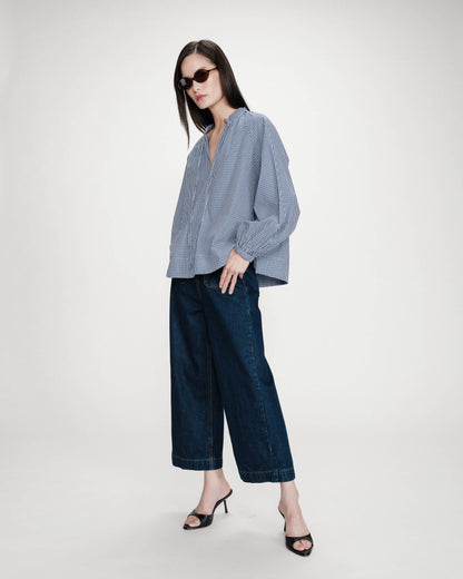 Blouse à carreaux en coton col V oversize marine Varry
