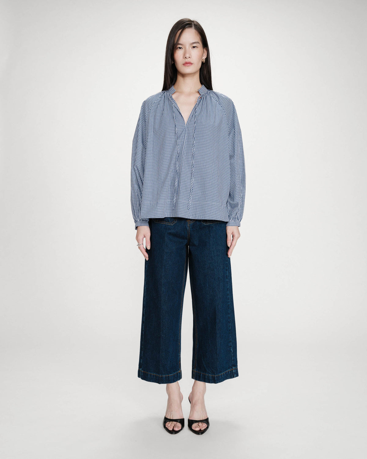Blouse à carreaux en coton col V oversize marine Varry