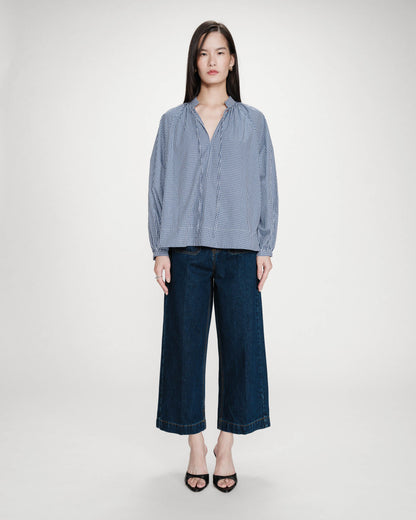 Blouse à carreaux en coton col V oversize marine Varry