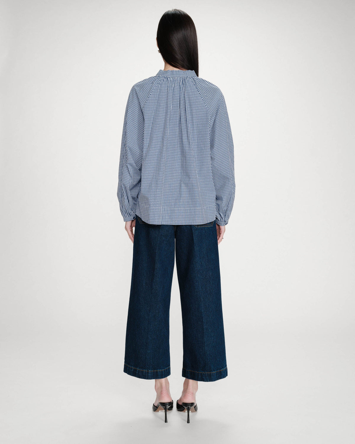 Blouse à carreaux en coton col V oversize marine Varry