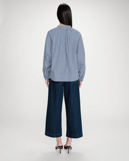 Blouse à carreaux en coton col V oversize marine Varry