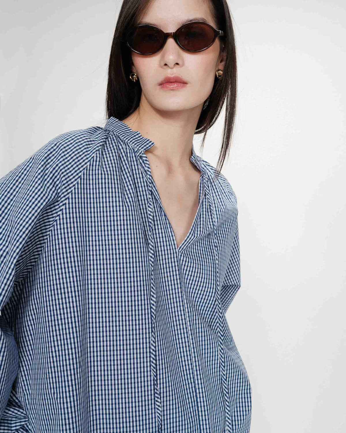 Blouse à carreaux en coton col V oversize marine Varry