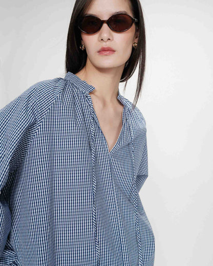 Blouse à carreaux en coton col V oversize marine Varry