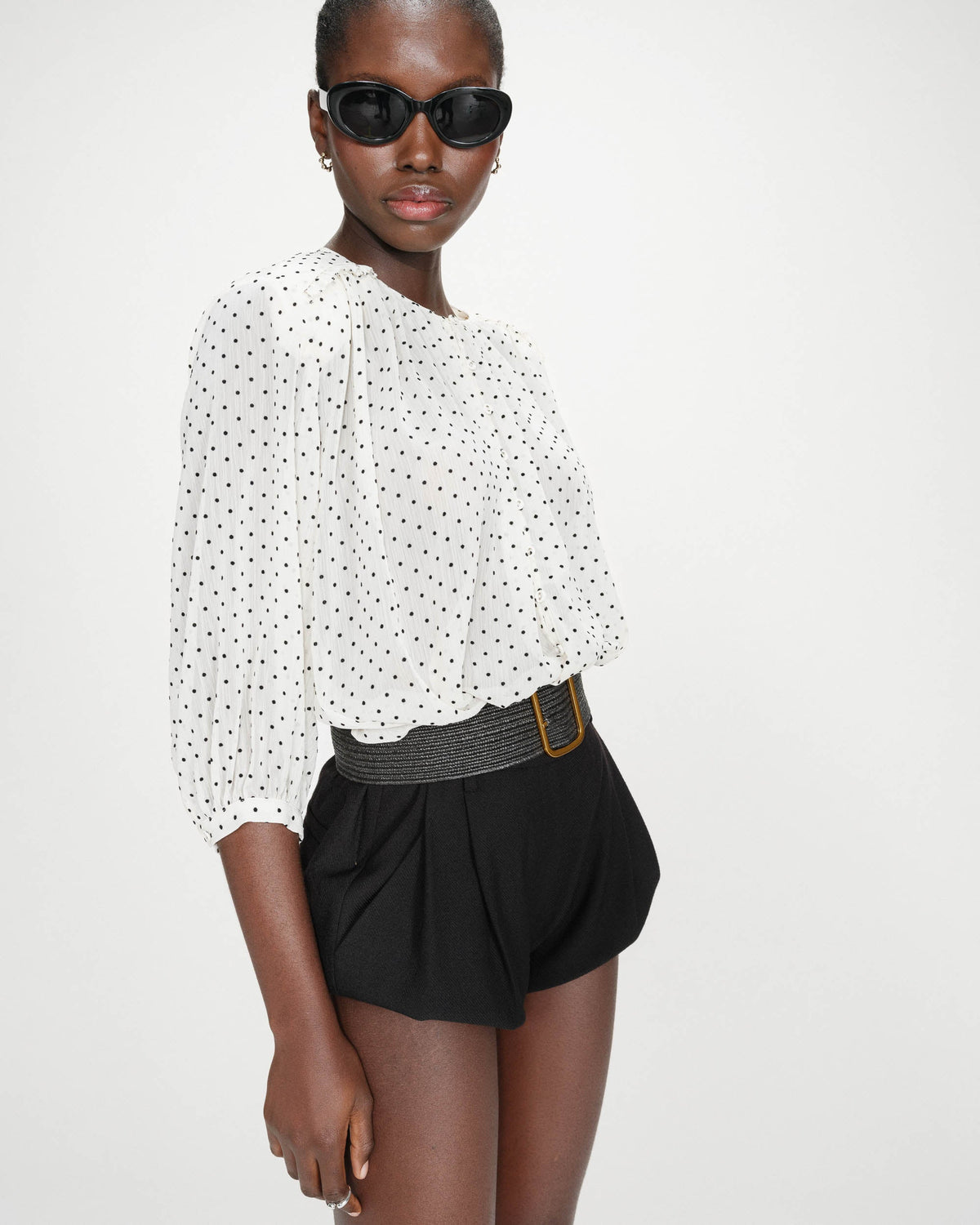 Blouse bouffante à pois manches 3/4 ivoire Valianna