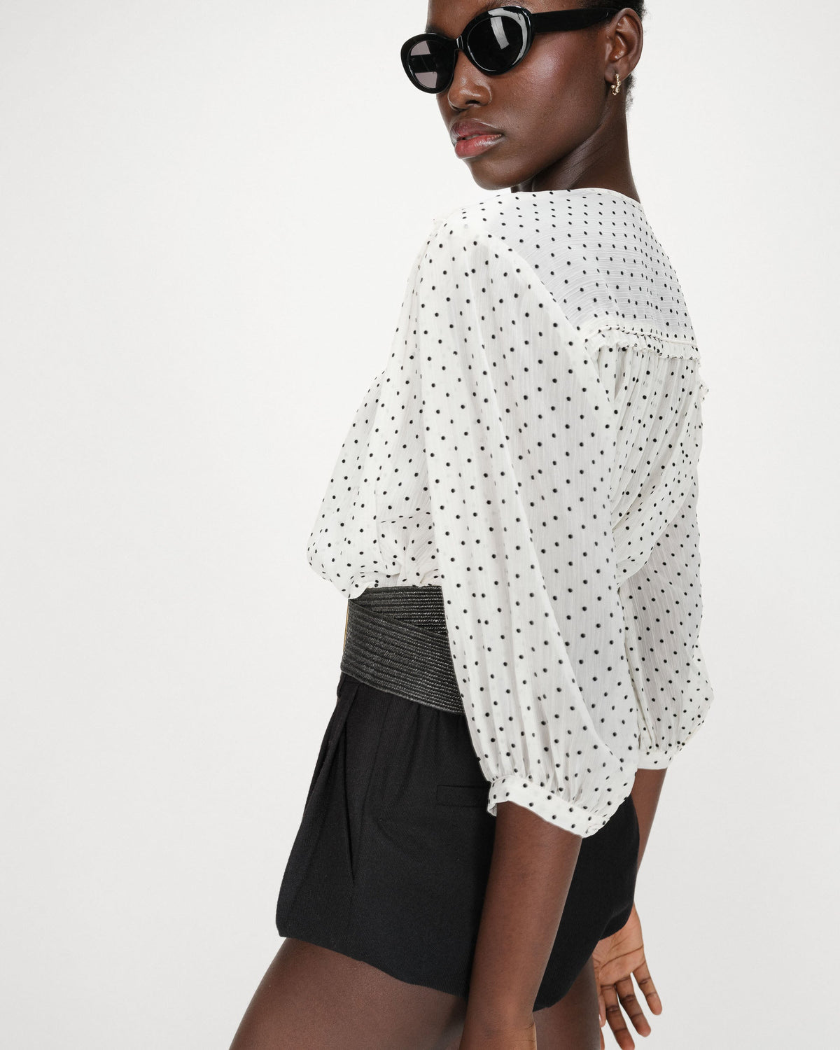 Blouse bouffante à pois manches 3/4 ivoire Valianna