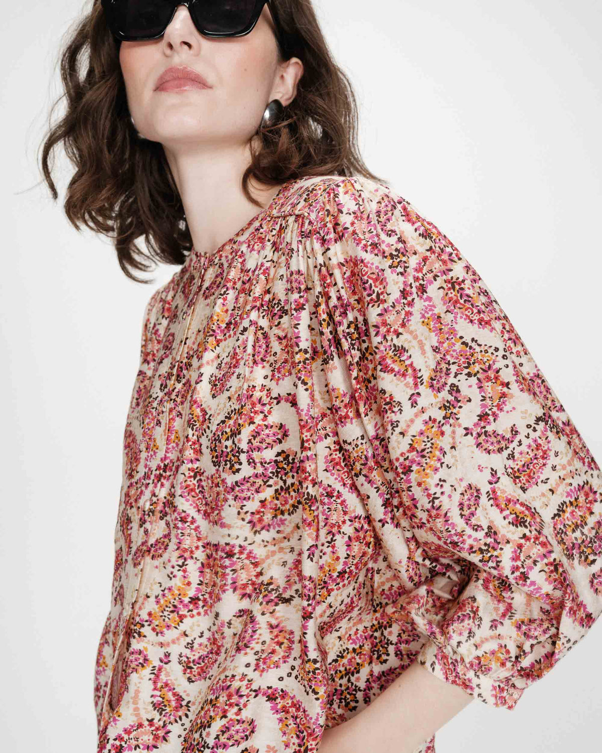 Blouse ample manches bouffantes imprimée florale peche Vezia