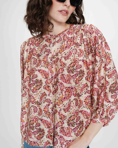 Blouse ample manches bouffantes imprimée florale peche Vezia