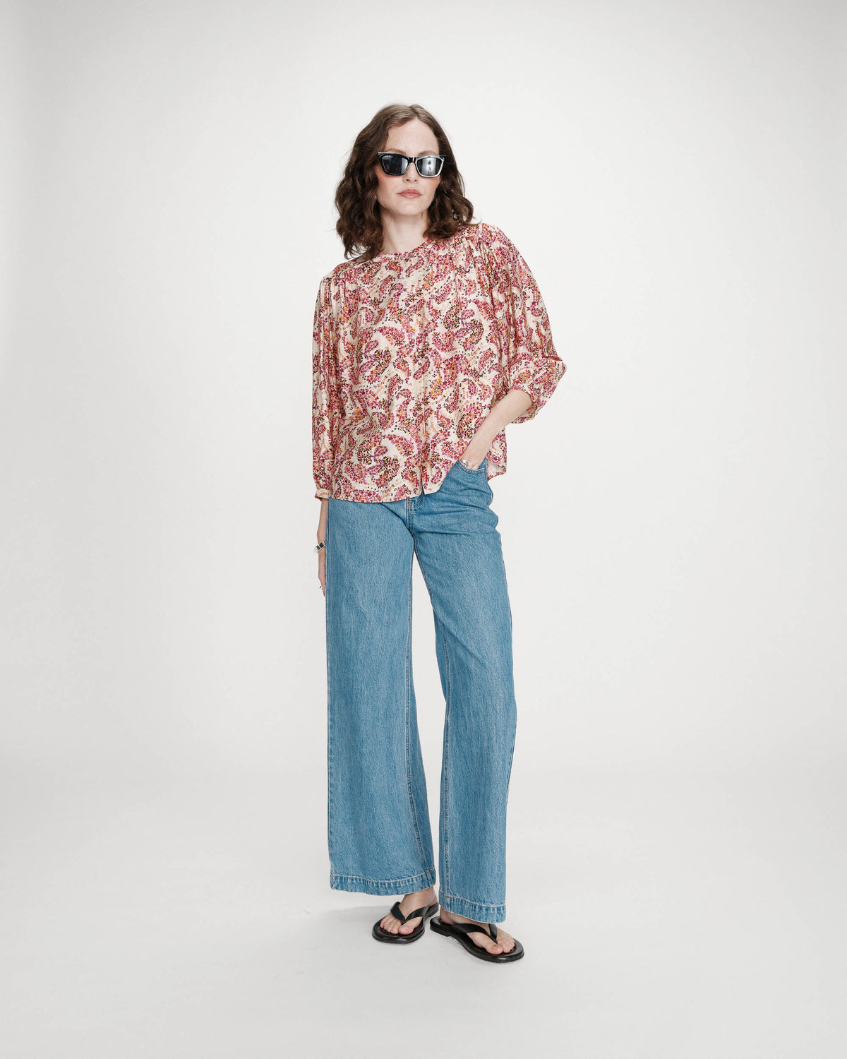 Blouse ample manches bouffantes imprimée florale peche Vezia