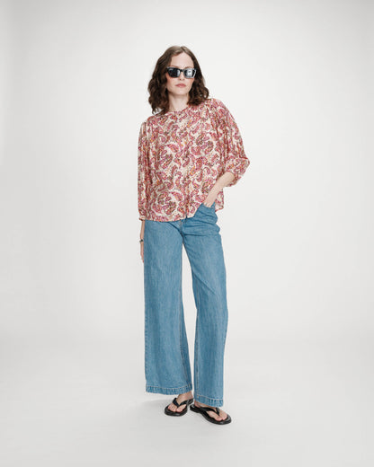 Blouse ample manches bouffantes imprimée florale peche Vezia