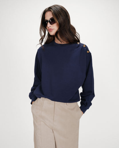 Sweatshirt col rond avec plis et boutons marine Vonan