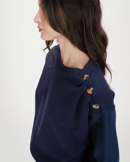 Sweatshirt col rond avec plis et boutons marine Vonan
